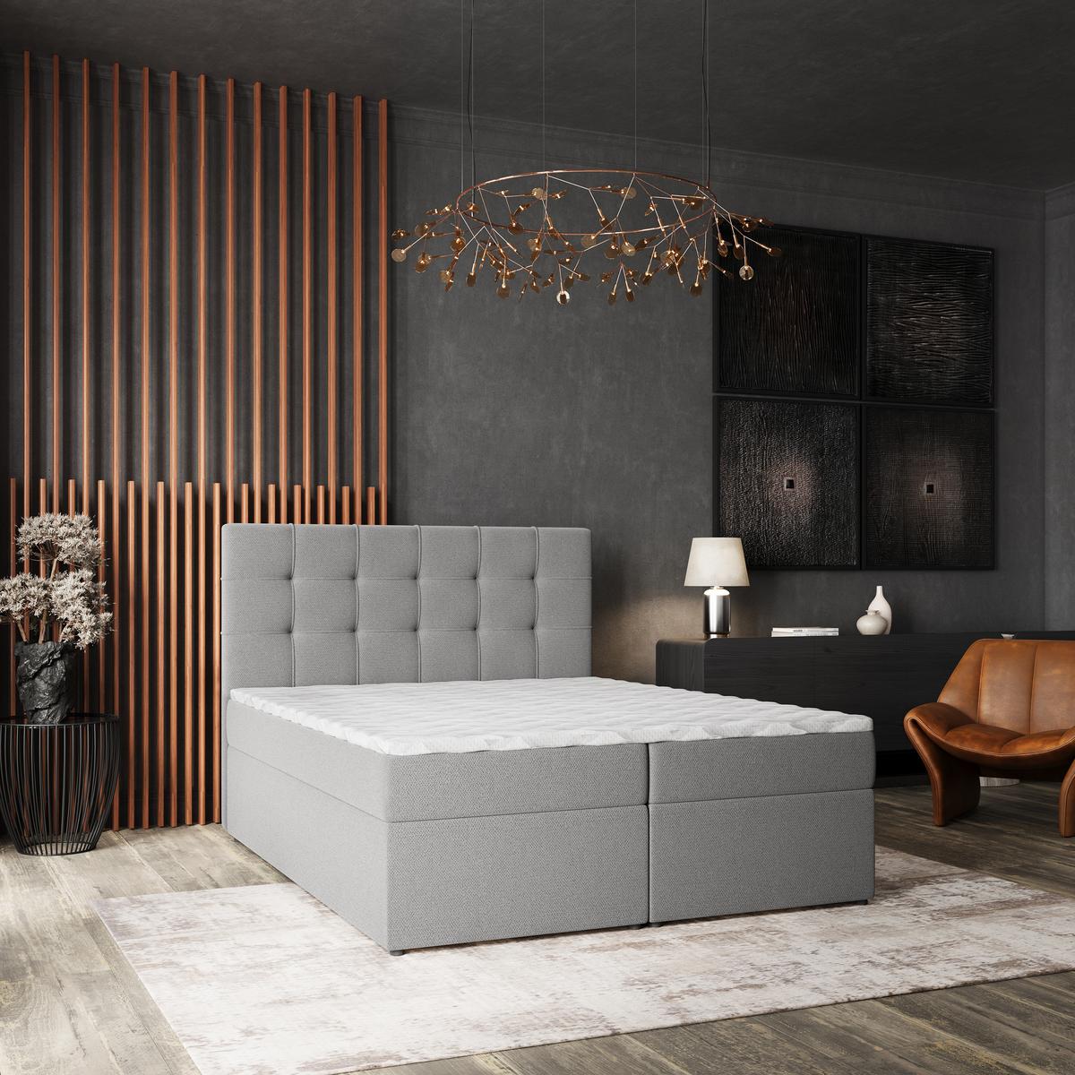 BOXBETT PALMA 180x200 cm mit Matratze und Topper, H2+H3 - Grau - Grau, Holz (180/200cm) - MASSENO
