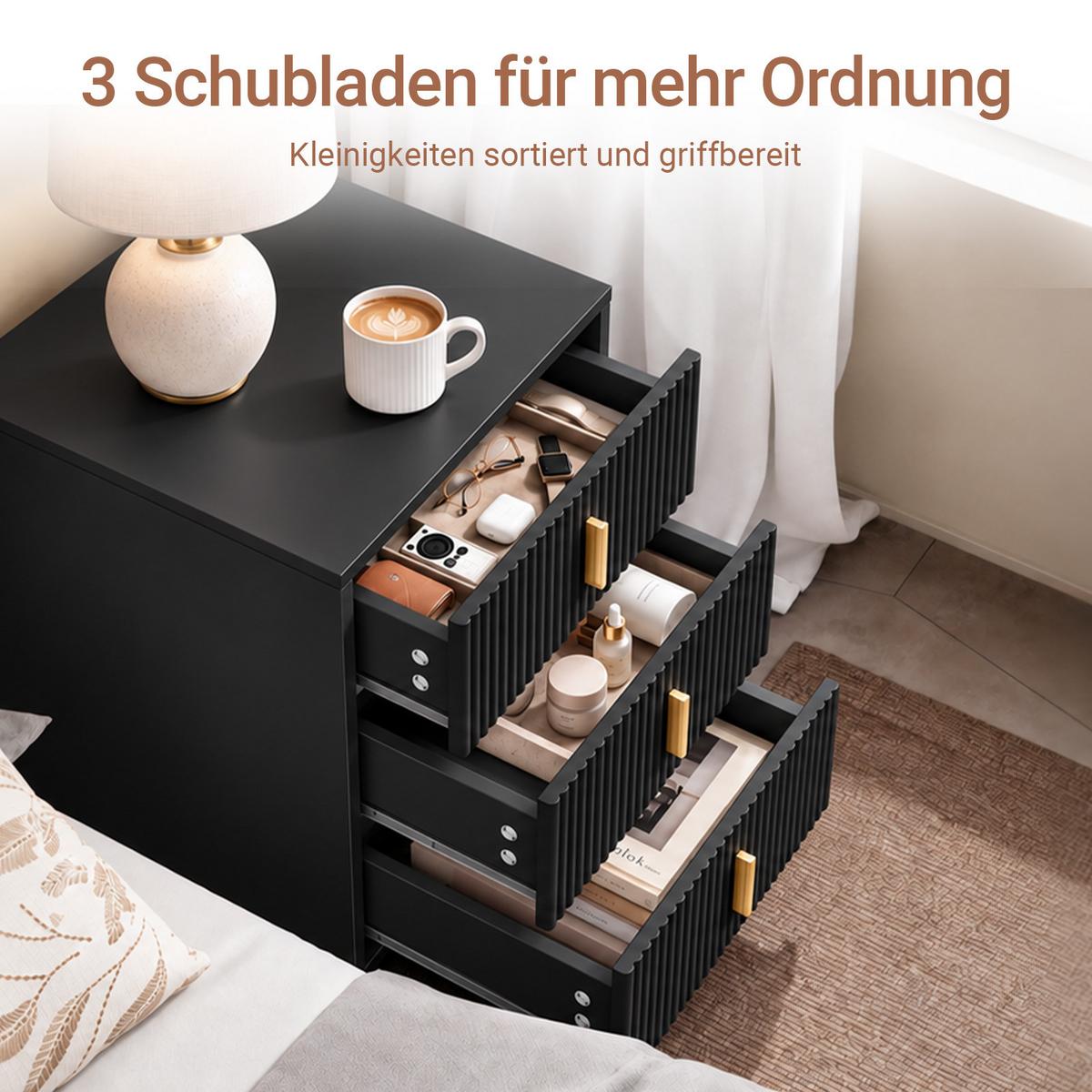 NACHTTISCH mit 3 Schubladen, 40x40x63 cm, Schwarz mit goldenen Griffen, modern fürs Schlafzimmer, - Schwarz, Holzwerkstoff/Metall (40/63/40cm) - SoBuy