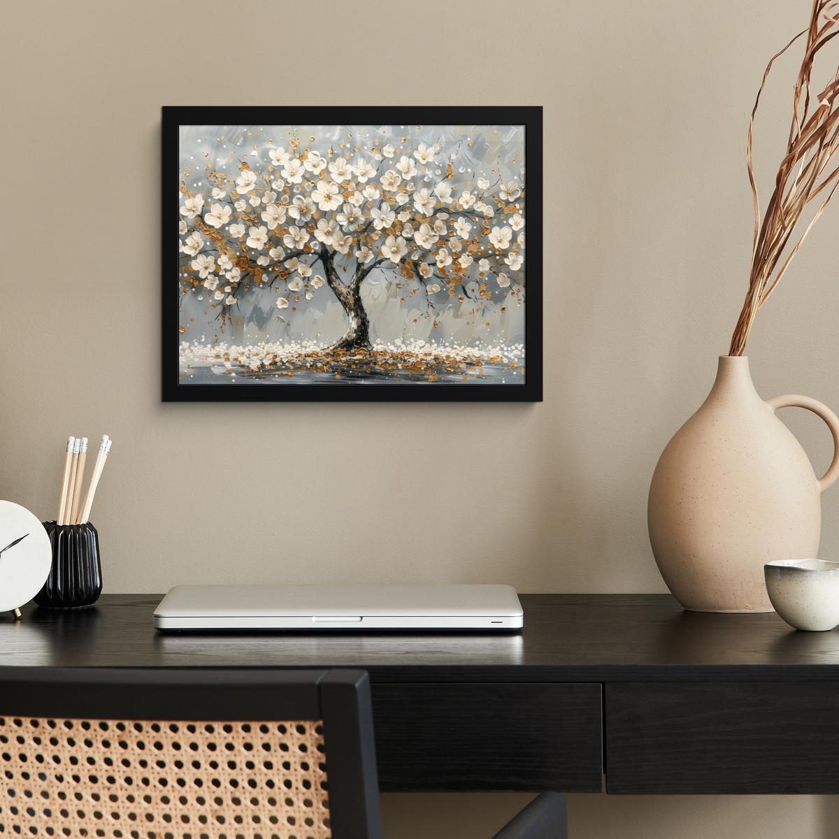 POSTER MIT RAHMENGERAHMTES BILD Baum - Blumen - Weiß - Natur - Kunst 40x30 cm - Weiß, Papier (40/30cm) - MuchoWow