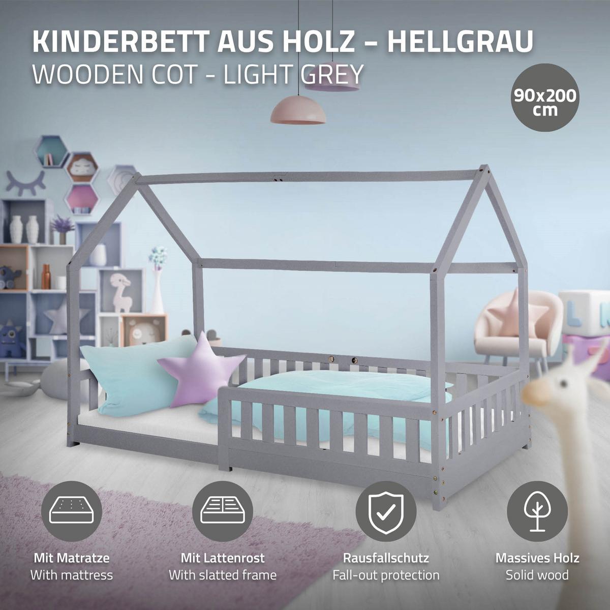 KINDERBETT mit Dach und Matratze 90x200 cm Hellgrau - Hellgrau, Holz (90/200cm) - ML-DESIGN