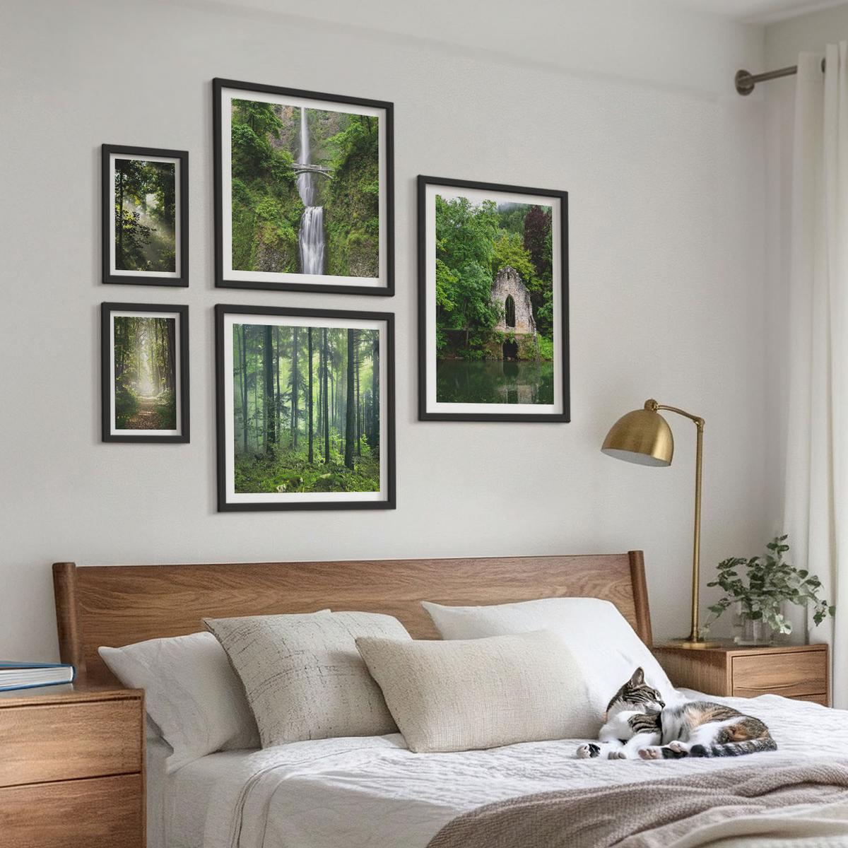 BILDER SET 5er Set - 50x50 cm & 20x30 cm & 40x60 cm Schwarzer Rahmen - Grüne Wälder, Lichtstrahlen - Schwarz, Kunststoff (40/60cm) - TULUP