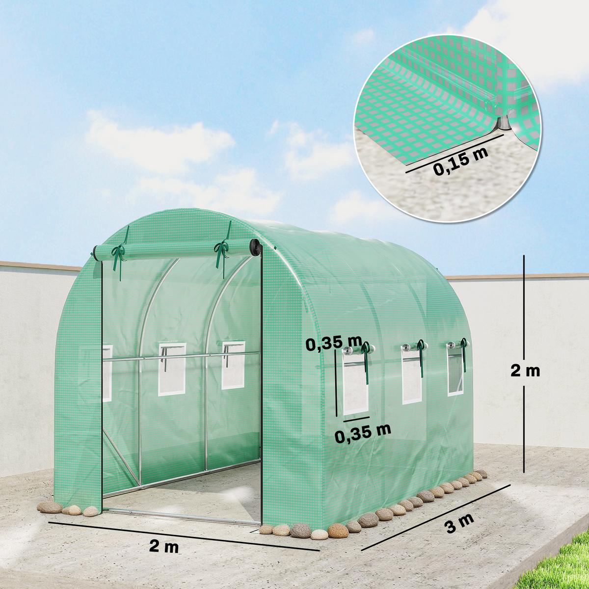 GEWÄCHSHAUS 3 x 2 x 2 m Foliengewächshaus mit Rollbar Reißverschlusstür - Grün, Kunststoff (200/200/300cm) - Outsunny
