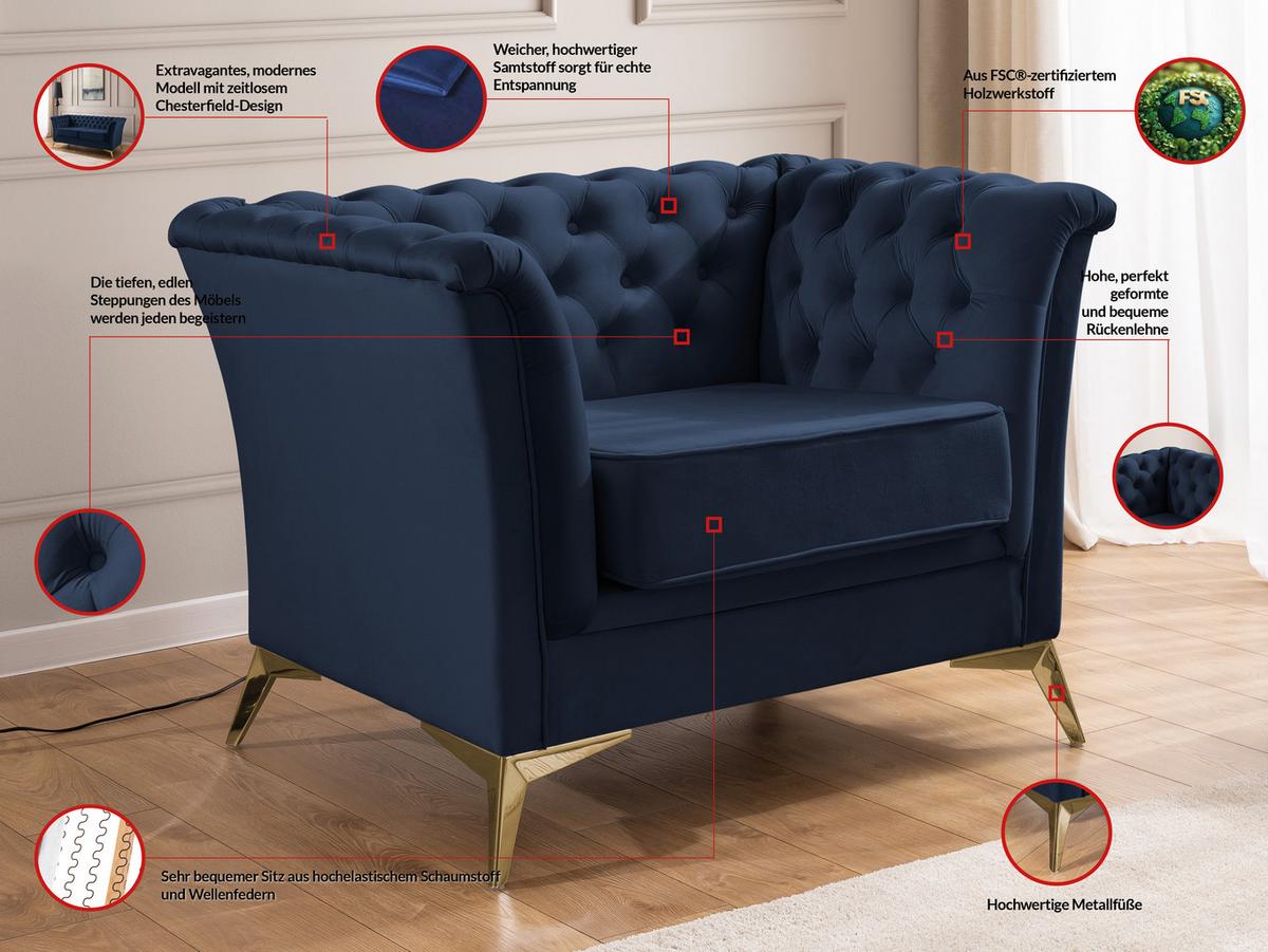 CHESTERFIELD-SESSEL Whitby Marineblau Samt mit goldenen Füßen - Goldfarben/Dunkelblau, Holz/Textil (116/78/82cm) - S-Style Möbel