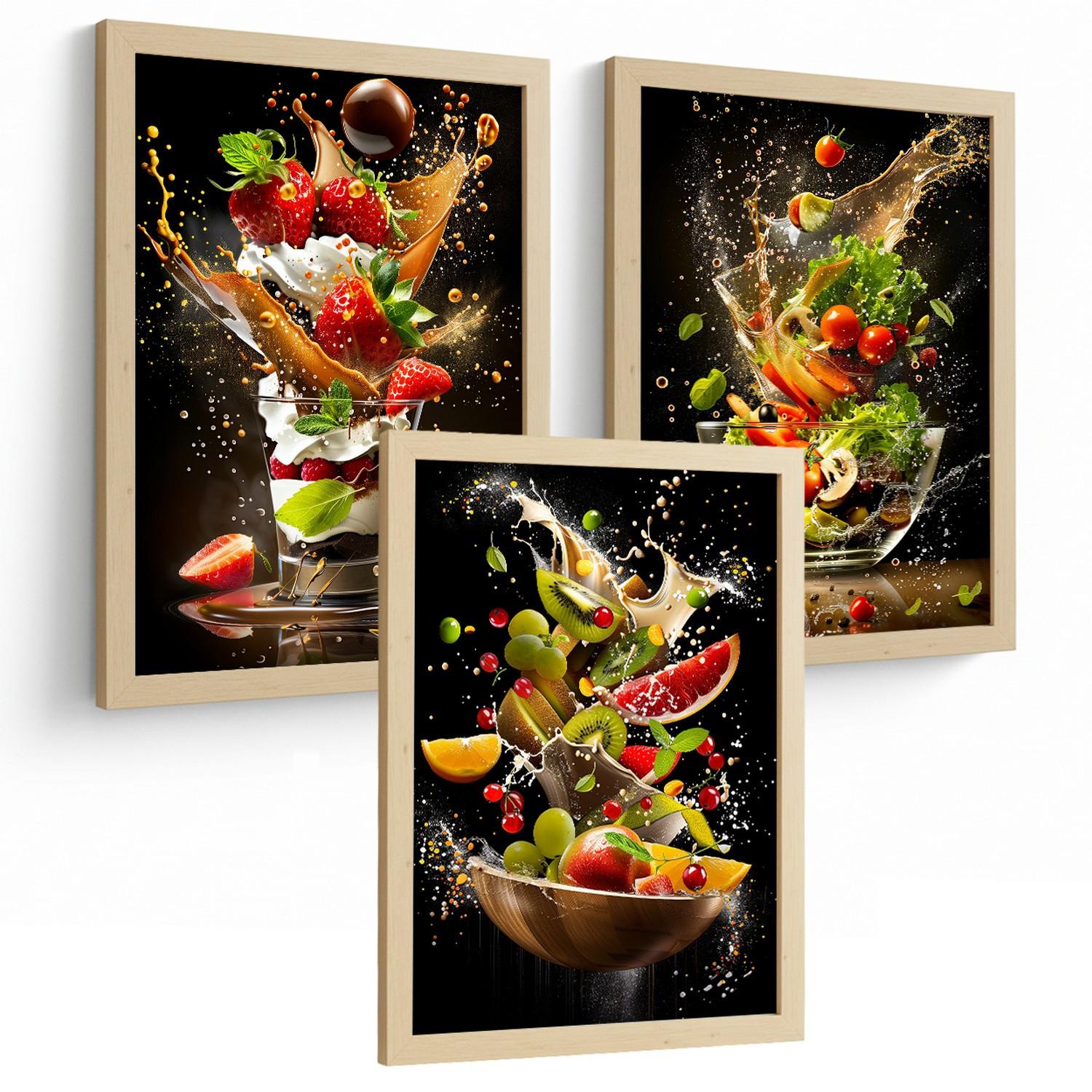 POSTER 3er Set Küchen-Wandbilder Dessert Salat und Obst Splash Fotografie Schwarzer Hintergrund Esszimmer Leichter Holzrahmen A3 - Beige, Papier (29.7/1/42cm) - Nacnic