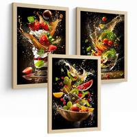 POSTER 3er Set Küchen-Wandbilder Dessert Salat und Obst Splash Fotografie Schwarzer Hintergrund Esszimmer Leichter Holzrahmen A3 - Beige, Papier (29.7/1/42cm) - Nacnic