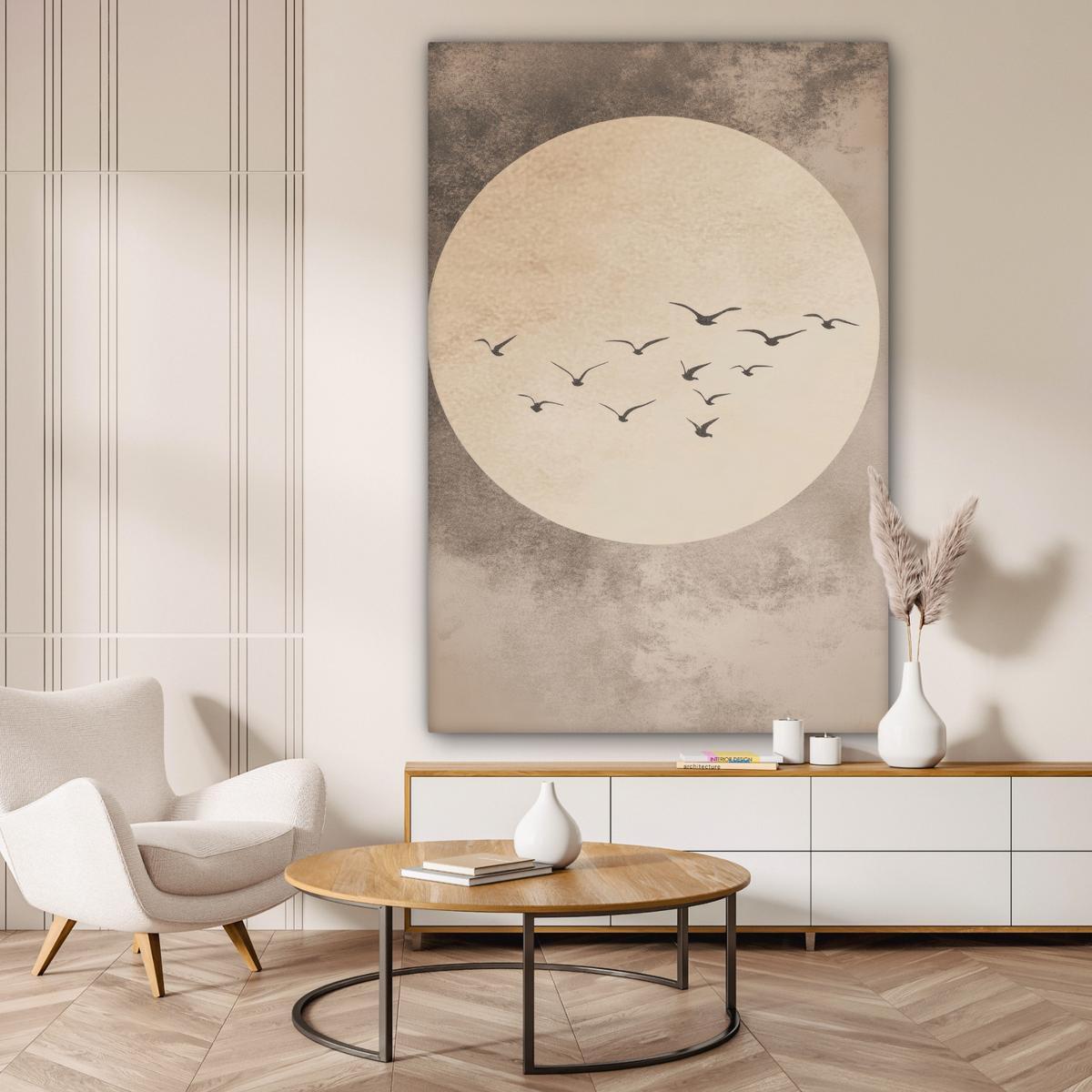 LEINWANDBILD Vogel - Beige - Japanisch Deko Groß 90x140 cm - Taupe, Textil (90/140cm) - MuchoWow