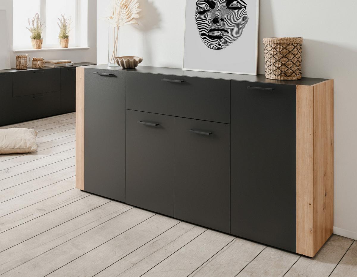 SIDEBOARD grau, Artisan Eiche 162 x 85 cm, Kommode 4-türig - Anthrazit/Schwarz, Holzwerkstoff/Kunststoff (162/85/34.5cm) - Furn.Design