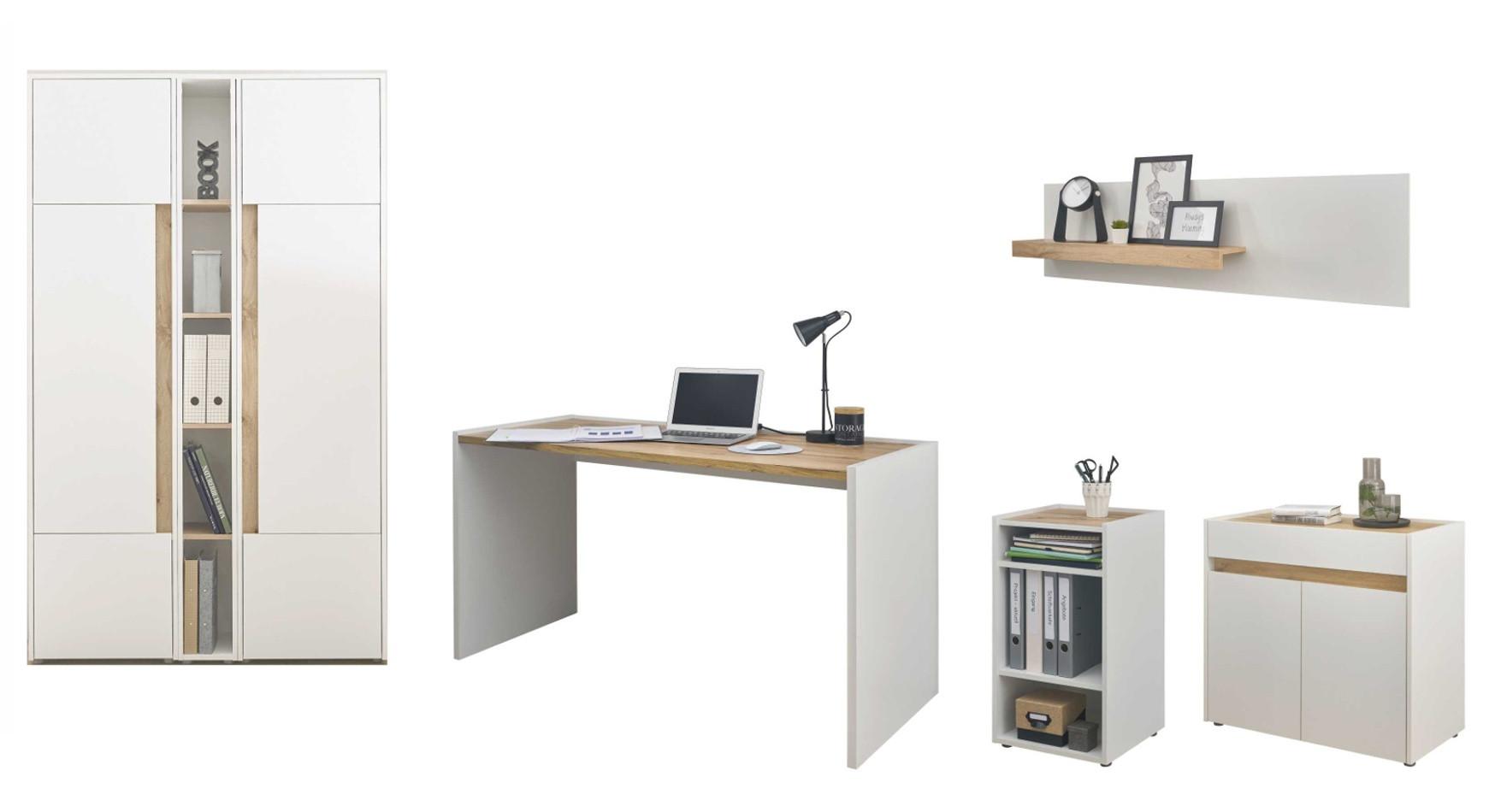 SCHREIBTISCHKOMBINATION 6-teilig weiß matt, Eiche Wotan, Büromöbel Set mit viel Stauraum - Eichefarben/Eiche Wotan, Holzwerkstoff/Kunststoff (140/263/200cm) - Furn.Design