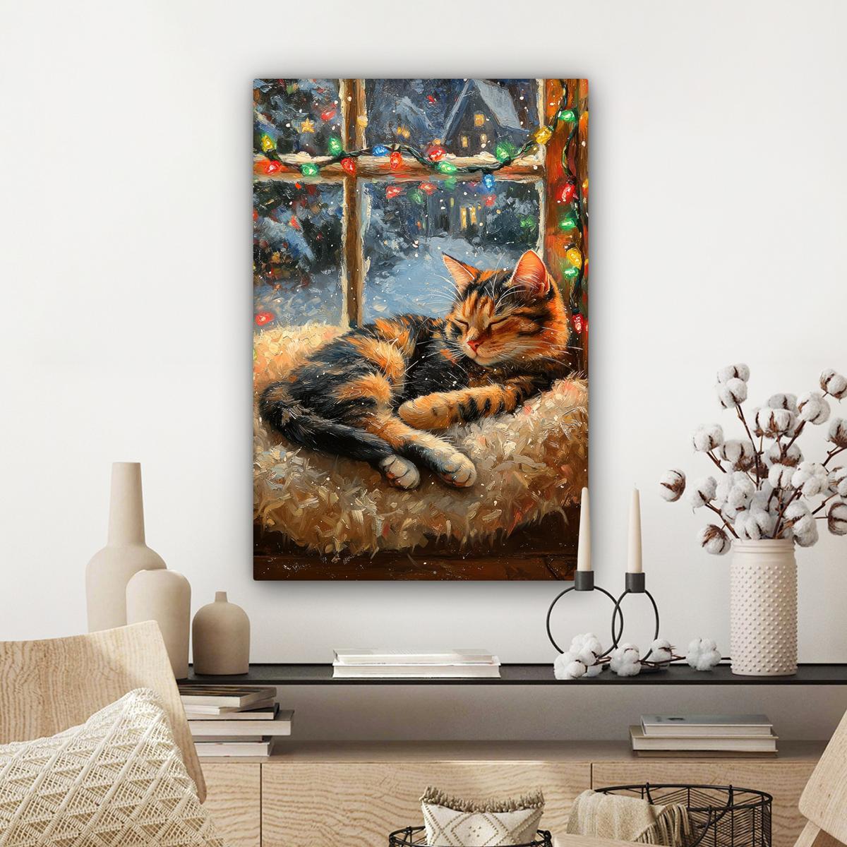 LEINWANDBILD Katze - Weihnachten - Winter - Tier Wanddeko Schlafzimmer 60x90 cm - Bernsteinfarben, Textil (60/90cm) - MuchoWow