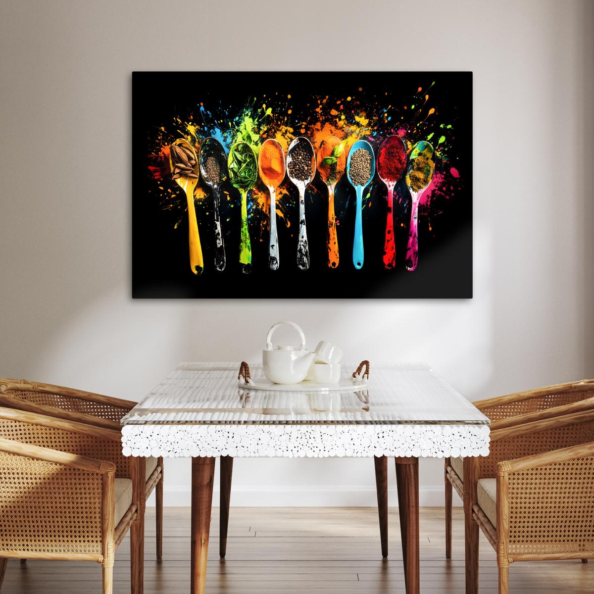 LEINWANDBILD Löffel - Gewürze - Modern - Graffiti - Farbe - Farbenfroh Wohnzimmer Groß 120x80 cm - Multicolor, Textil (120/80cm) - MuchoWow