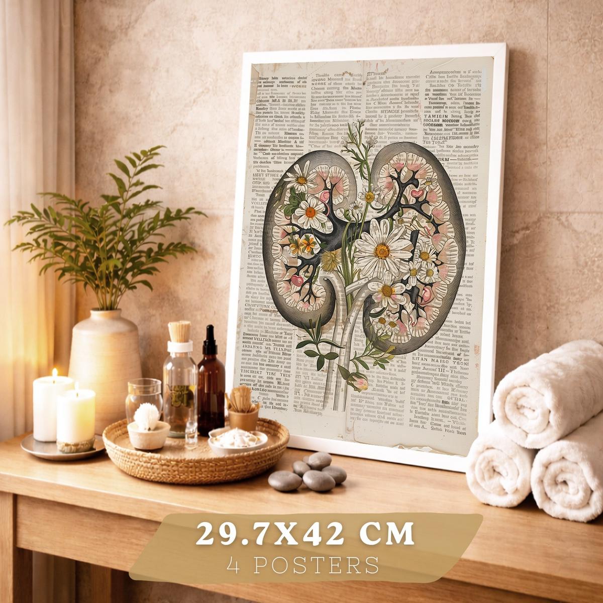 POSTER Set aus 4 Anatomie Drucke und Wandbilder mit Nieren Becken Knochen Hüfte Rippen Wirbelsäule Schädel Antiker Buch Stil Größe Weißer Rahmen A3 - Weiß, Papier (29.7/42/3cm) - Nacnic