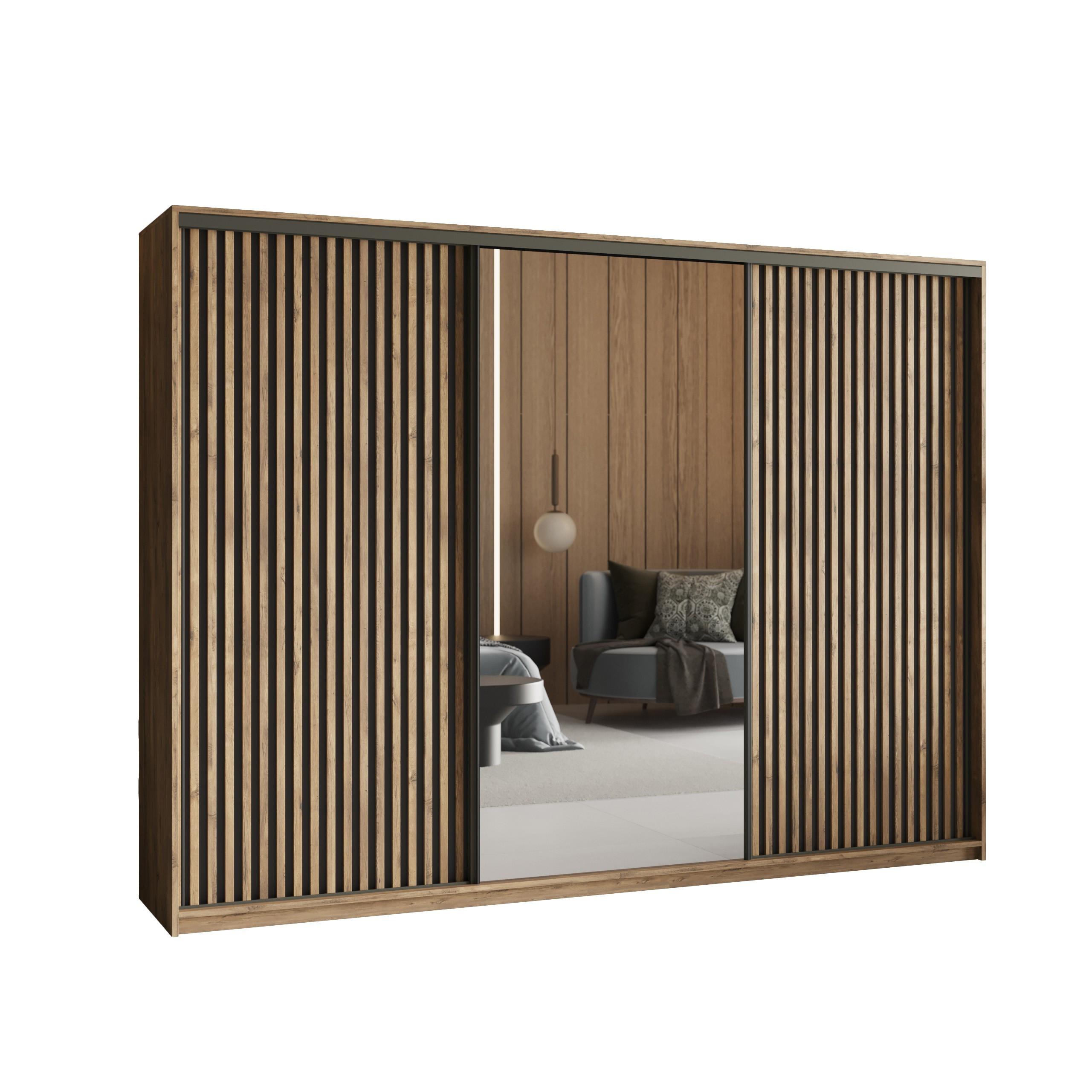 SCHWEBETÜRENSCHRANK ORRA 270/205/60 cm 3-türig mit Spiegel und Lamellen Eiche Lefkas - Eichefarben/Schwarz, Holzwerkstoff (270/205/60cm) - MASSENO