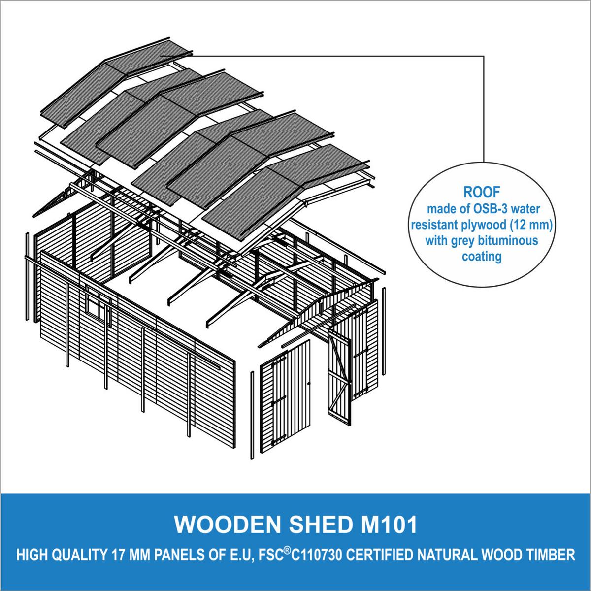 HOLZGARAGE - Abstellraum mit Fenstern - H222x516x324 cm/15 m² - M101 - Naturfarben, Holz (303/183/493cm) - Timbela