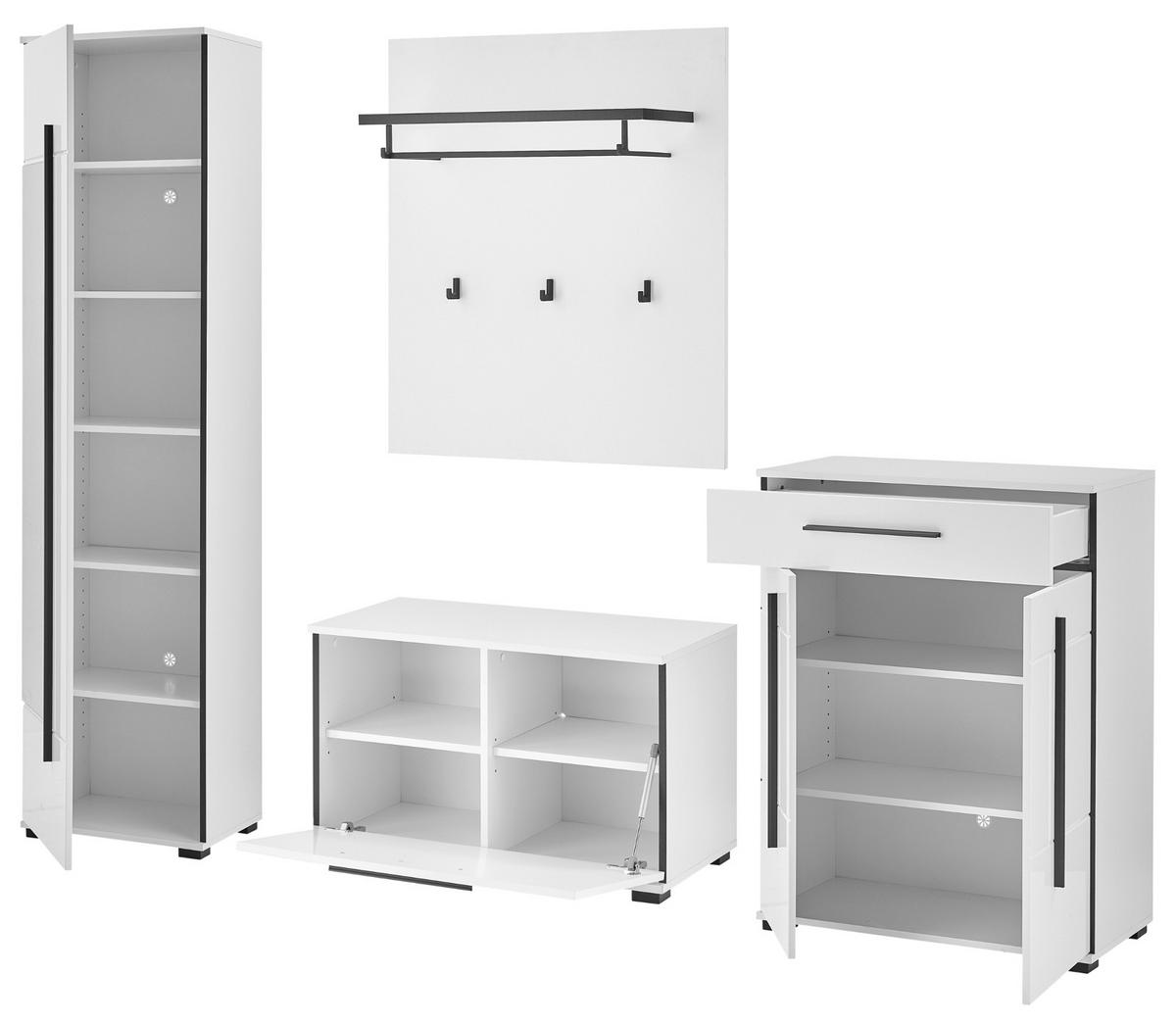GARDEROBEN-SET weiß Hochglanz 5-teilig 230 cm, Flurgarderobe mit viel Stauraum - Dunkelgrau/Weiß Hochglanz, Glas/Holzwerkstoff (230/230/40cm) - Furn.Design