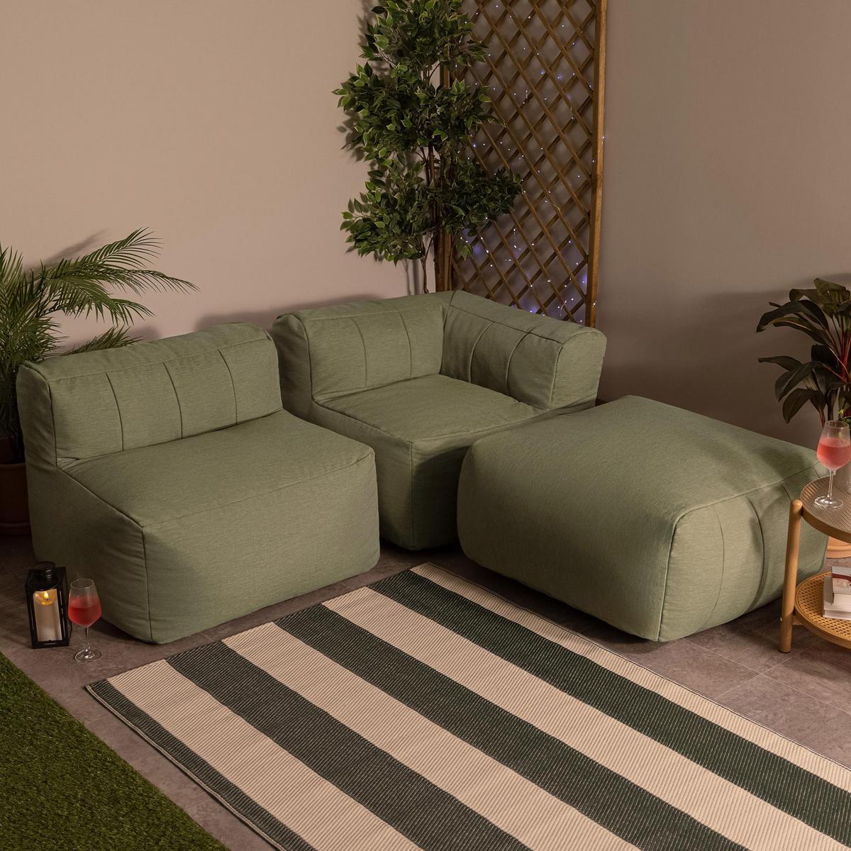 SITZSACK-SOFA Outdoor 3-tlg.: Ecksessel, Sessel, Fußstütze - Grün, Textil (195/68/100cm) - icon