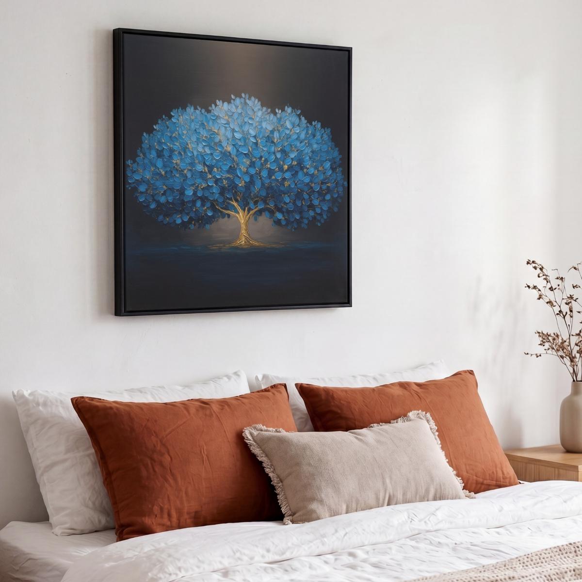LEINWAND Bilder mit Rahmen - Baum - Blau - Blätter - Pinselstriche - 50x50 - Blau, Textil (50/50cm) - MuchoWow