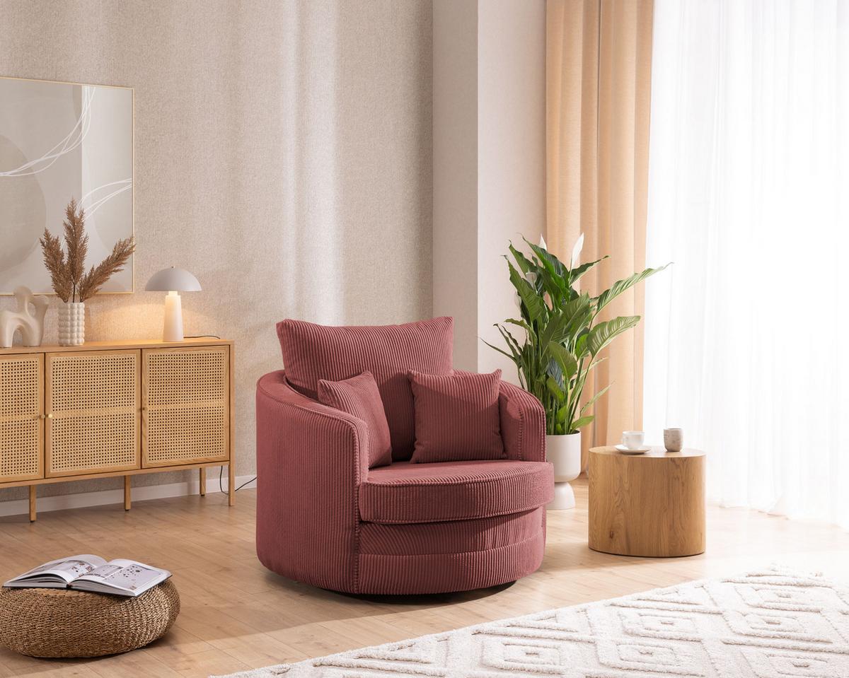 DREHSESSEL Ted aus Terrakotta Cord-Stoff - Terracotta/Schwarz, Holz/Textil (107/94/100cm) - S-Style Möbel