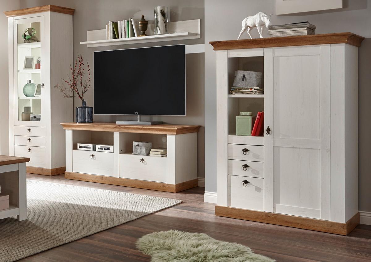 WOHNWAND weiß Pinie, Eiche Wotan 4-teilig 356 cm, Schrankwand im Landhaus-Stil - Silberfarben/Eiche Wotan, Glas/Holzwerkstoff (356/204/52cm) - Furn.Design