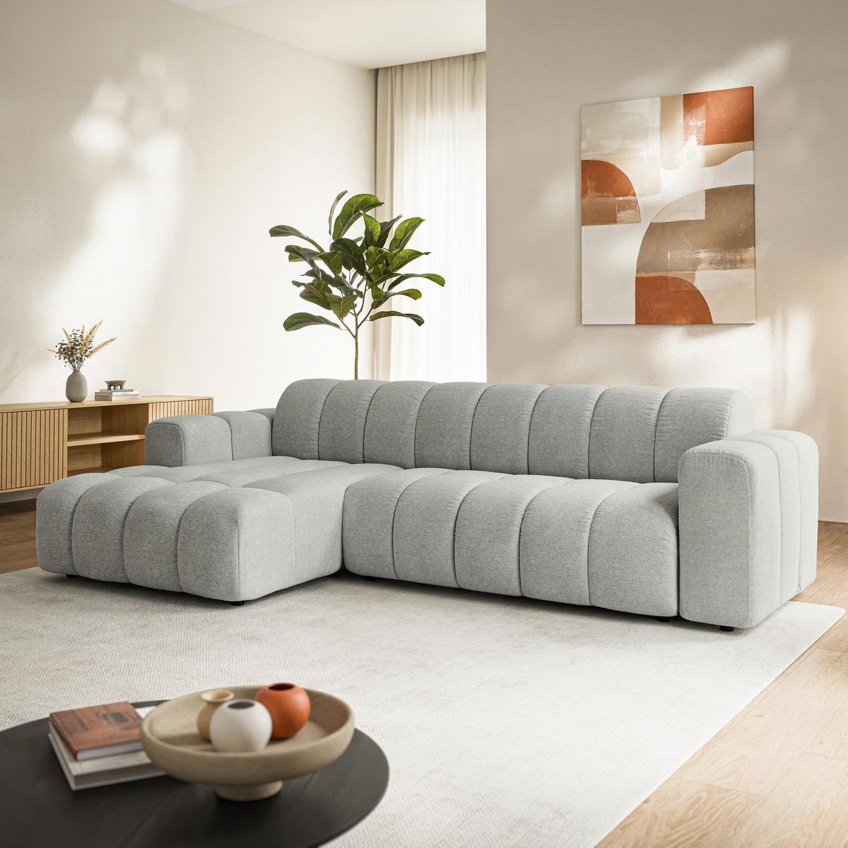 ECKSOFA SETIA Hellgrau Strukturstoff mit Schlaffunktion - Hellgrau, Holz (304/165cm) - MASSENO