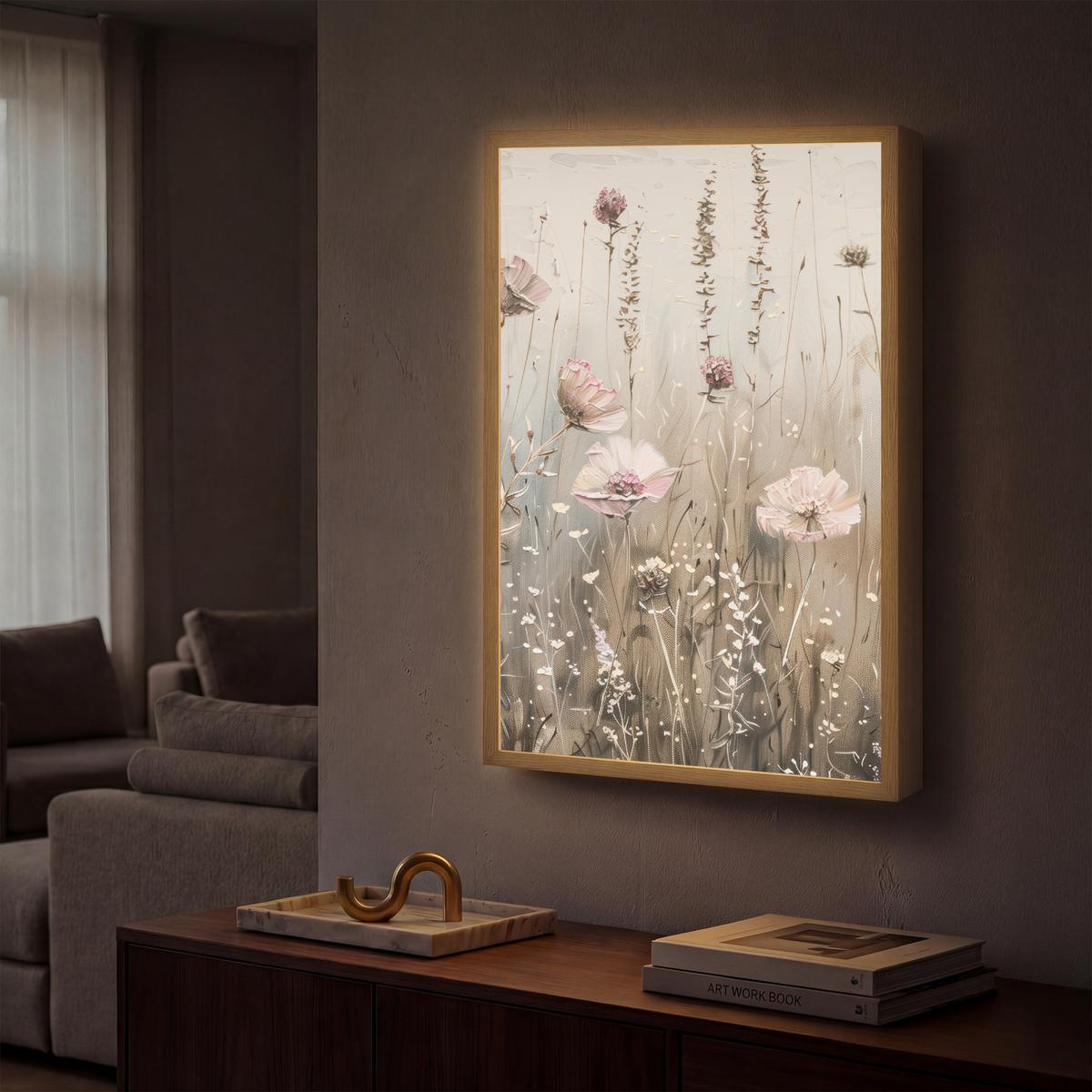 WANDLEUCHTE MIT AKKU Blumen - Rosa - Modern - Beige 40x60 cm - Altrosa, Holzwerkstoff (40/60/8cm) - OnlyWow