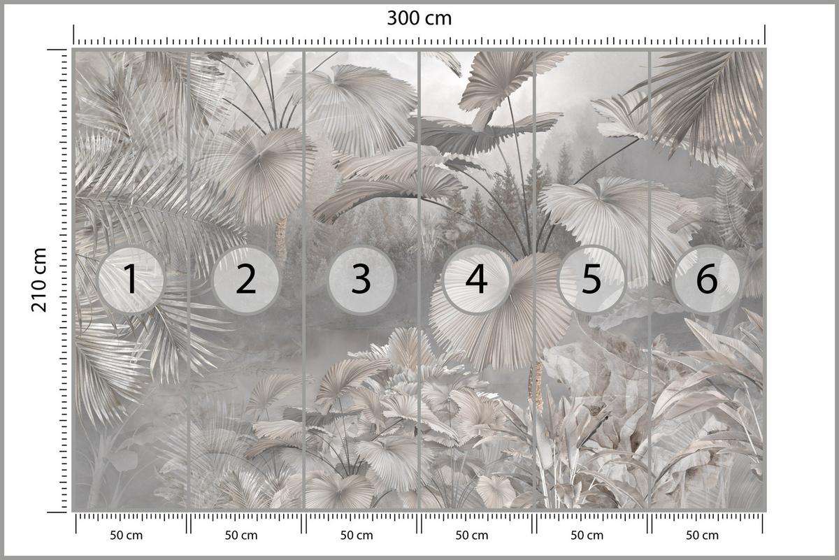 FOTOTAPETE für Wohnzimmer Tropische Blätter Dschungel Palmen Grau 300x210 - Beige/Grau, Papier (300/210cm) - Muralo