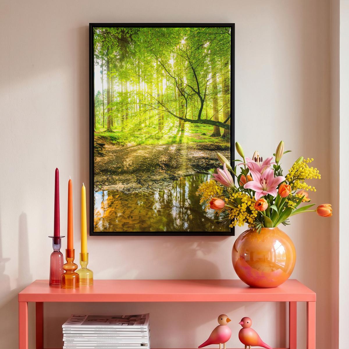 LEINWAND Bilder mit Rahmen - Wald - Landschaft - Wasser - Bäume - Sonne - Grün - Natur - 40x60 - Grün, Textil (40/60cm) - MuchoWow