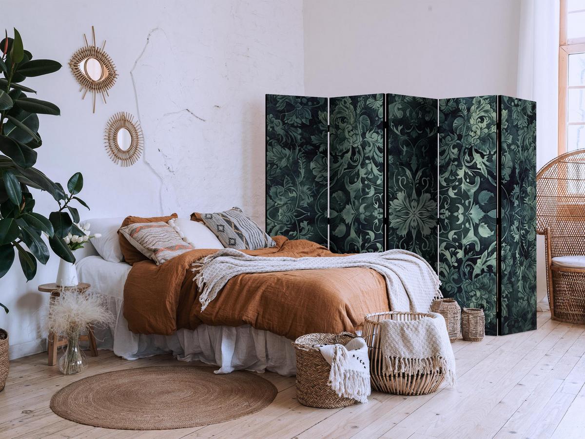 PARAVENT 5-tlg 225x172 cm Smaragdgrüne Ornamente - Grün, Holz/Textil (225/172/3cm) - Muralo