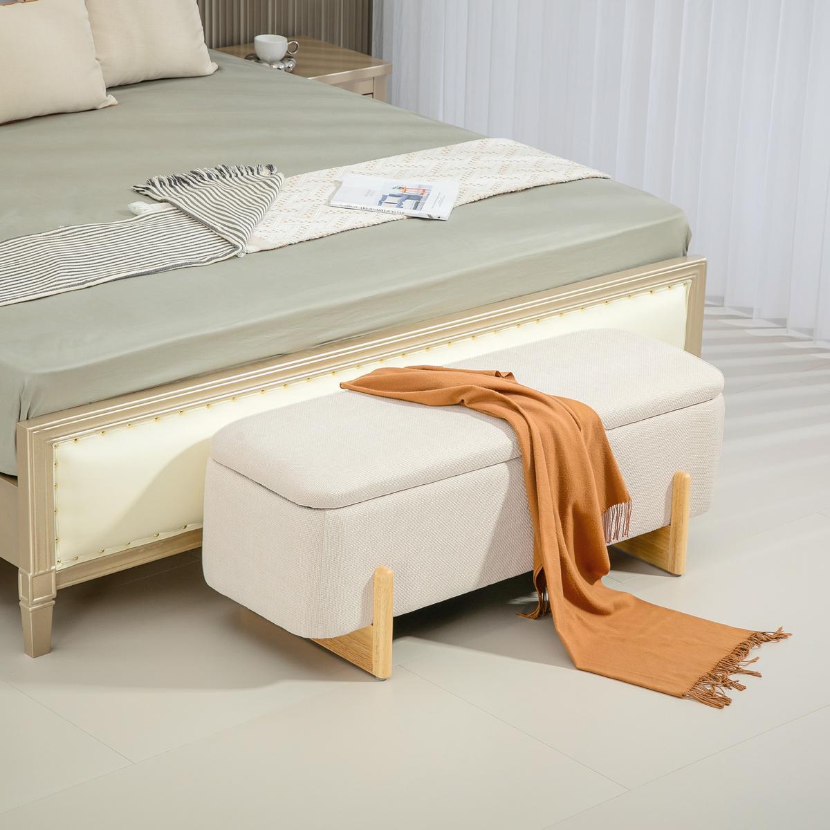 TRUHENBANK mit Leinenoptik, Holzbeine, Creme - Buchefarben/Creme, Kunststoff/Buchenholz (44/44.5/111cm) - HOMCOM
