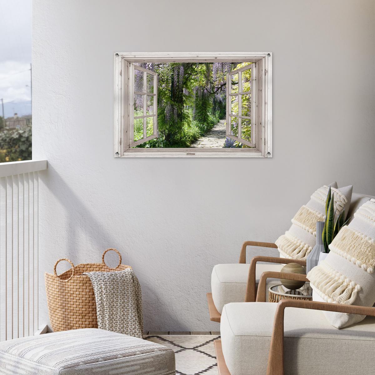 GARTENPOSTER Blauer Regen - Blumen - Aussicht - Baum - Frühling Gartendeko 90x60 cm - Beige, Kunststoff (90/60/0.2cm) - OnlyWow