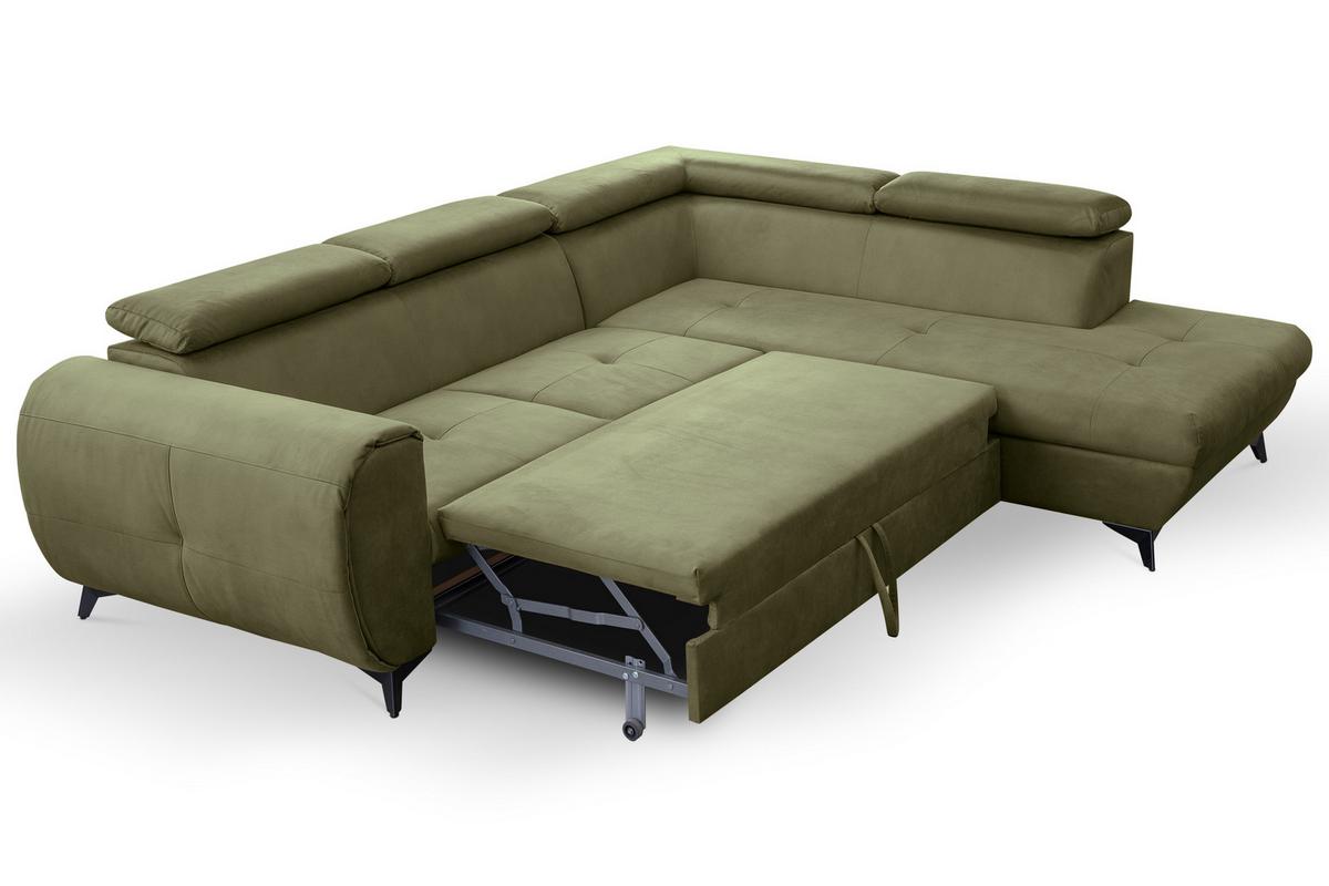 ECKSOFA MAGIA R-S Grün Plüsch-Stoff mit Schlaffunktion - Olivgrün, Holz (260/217cm) - MASSENO