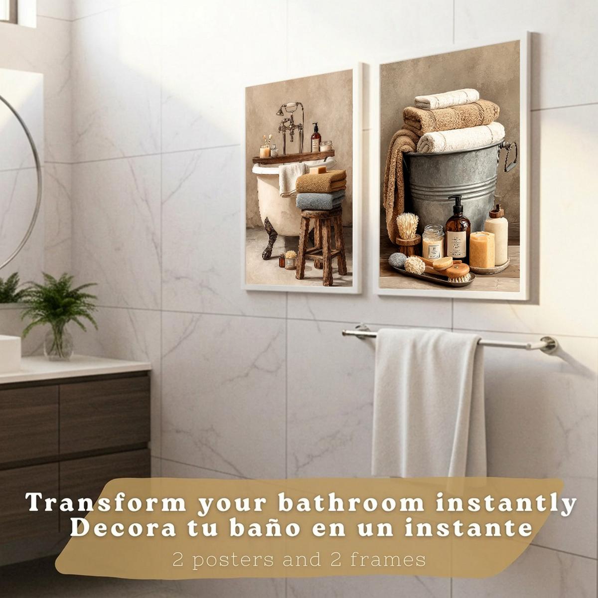POSTER 2er-Set dekorative Badezimmerdrucke, rustikaler Stil, Vintage-Spa-Bilder mit Handtüchern und Badewanne,, Wohndekoration Weißer Rahmen A4 - Weiß, Papier (29.7/21/3cm) - Nacnic