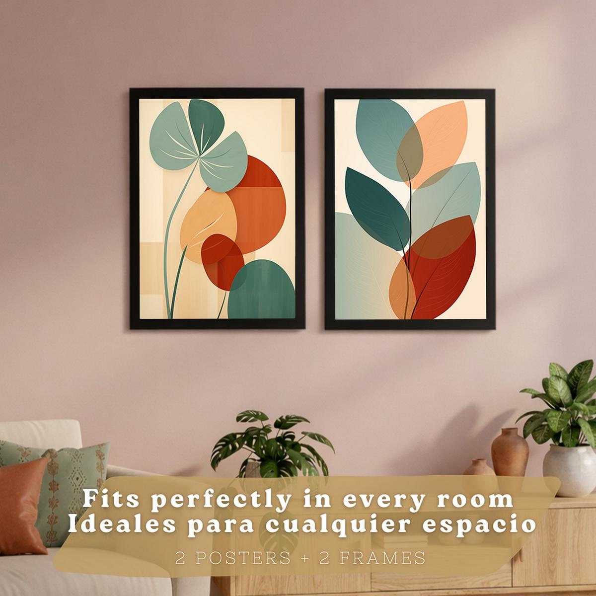 POSTER 2er-Set Wandbilder Blätter Pflanzen modern Wohnzimmer Deko, Schlafzimmer, Küche, Badezimmer Schwarzer Rahmen A4 - Schwarz, Papier (29.7/1/21cm) - Nacnic