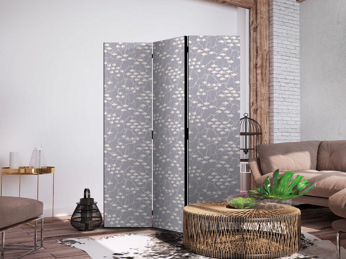 PARAVENT Akustik 3-tlg 135x172 cm Fischschwarm Boho Stil - Grau, Holz/Textil (135/172/3cm) - Muralo