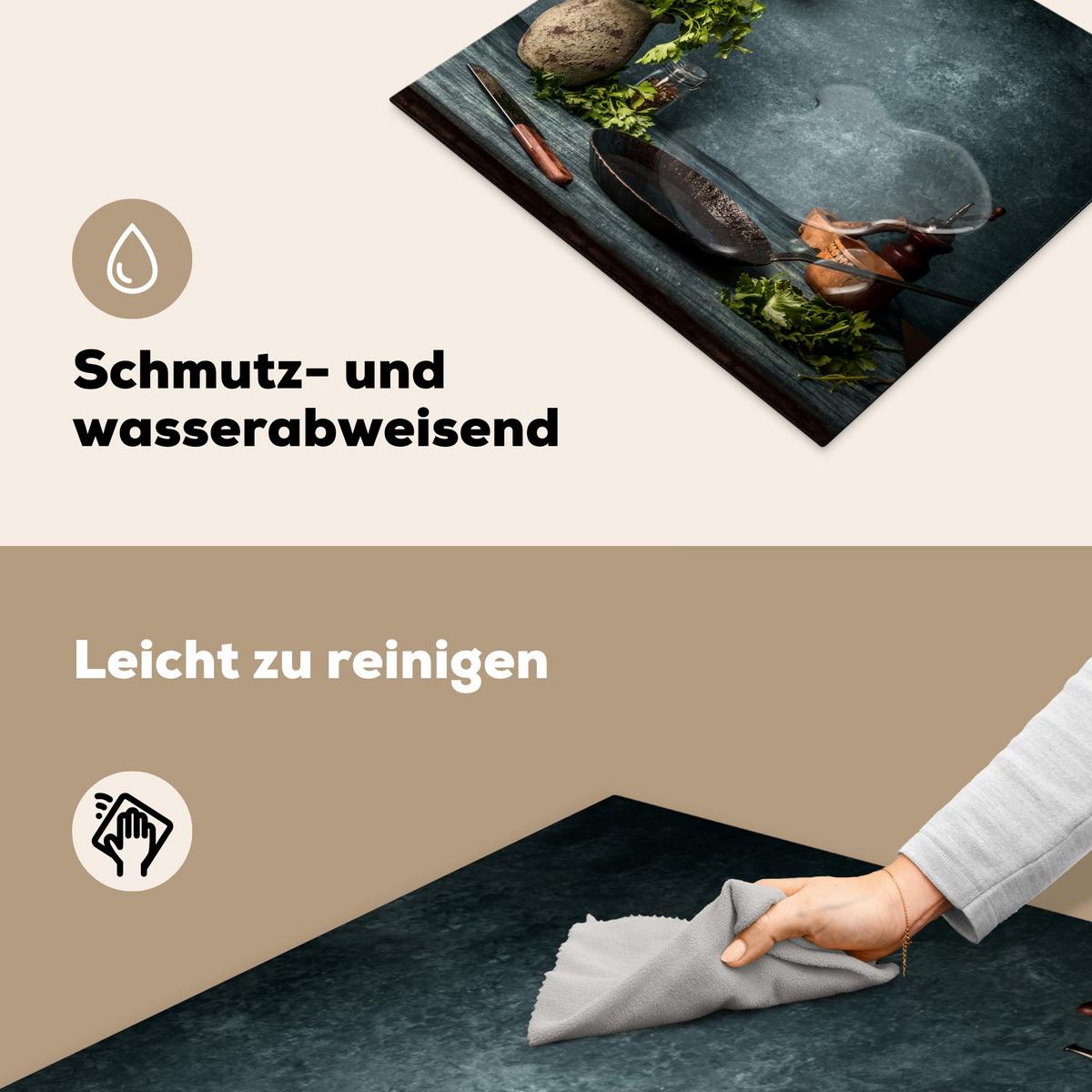 HERDABDECKPLATTE Kräuter - Gewürze - Pfanne - Messer - Grau - Rustikal Ceranfeldabdeckung 59x52 cm - Petrol, Kunststoff (59/52/0.2cm) - MuchoWow