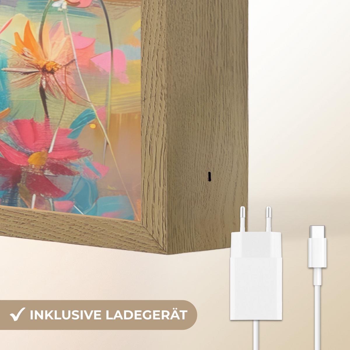WANDLEUCHTE MIT AKKU Schottische Hochländer - Natur - Farbenfroh - Blumen 100x70 cm - Multicolor, Holzwerkstoff (100/70/8cm) - OnlyWow