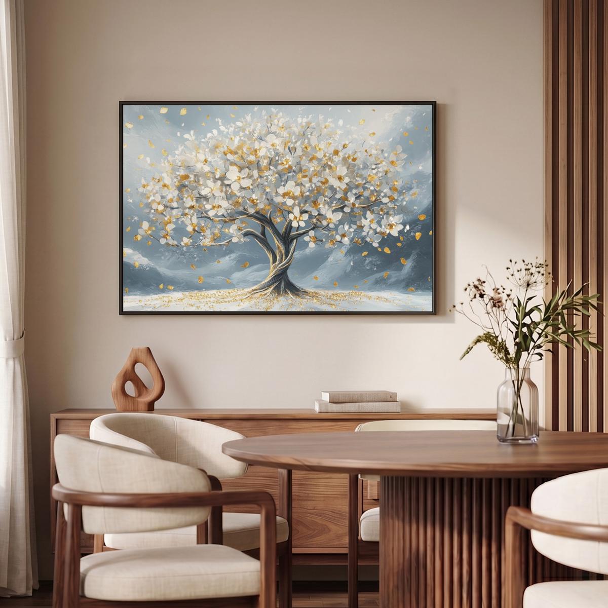 LEINWAND Bilder mit Rahmen - Baum - Winter - Baum des Lebens - Modern - Gold - 90x60 - Goldfarben, Textil (90/60cm) - MuchoWow