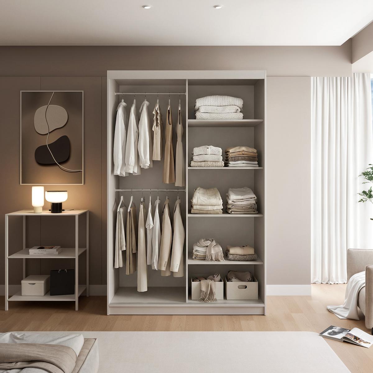 SCHIEBETÜRENSCHRANK SILENTE 140 cm mit Einlegeböden und Kleiderstange - Beige, Holzwerkstoff (140/215/60cm) - Idohome