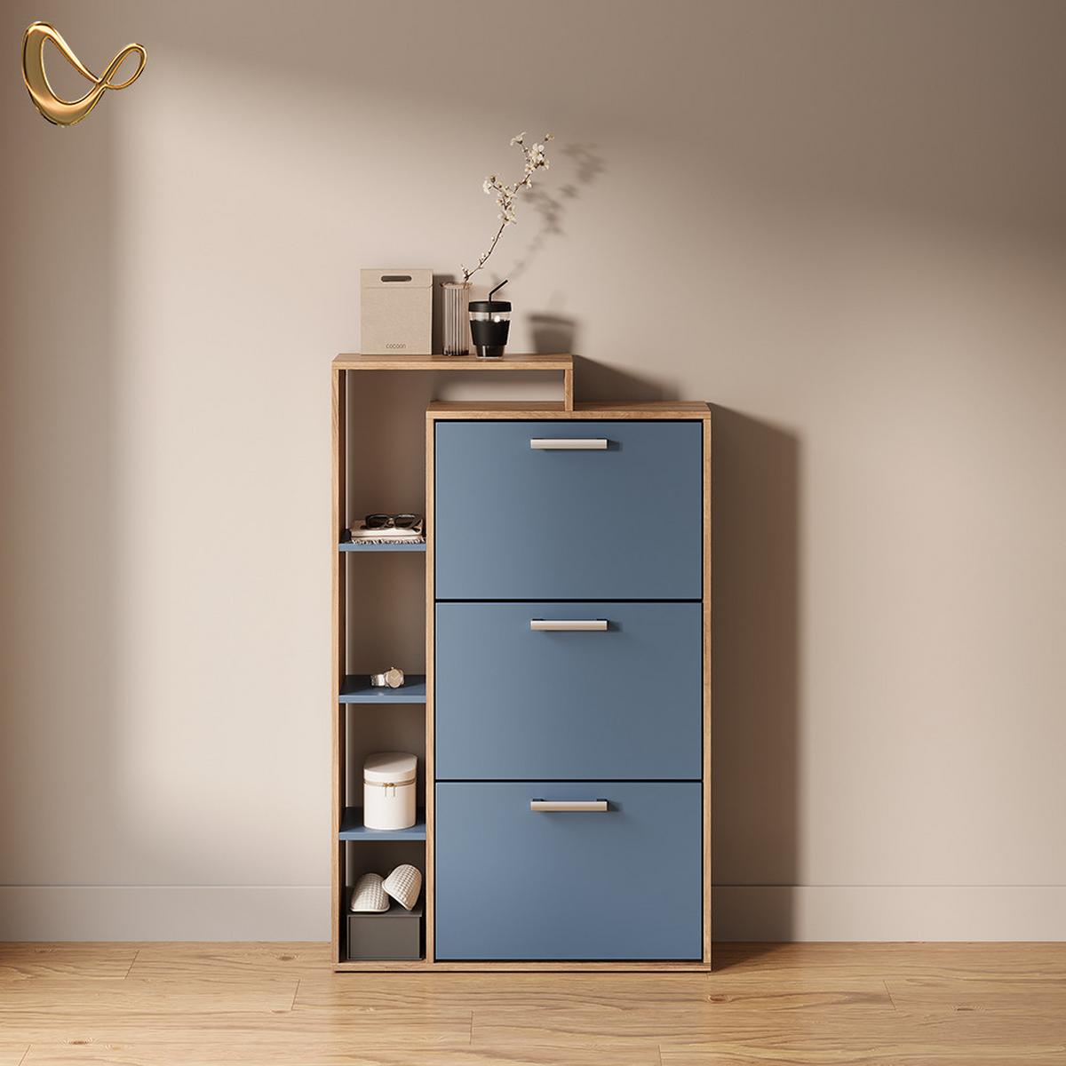 SCHUHKIPPER Ortello Goldkraft Eiche/Blau 80 x 128.3 cm mit 3 Fächern - Honigeiche/Dunkelblau, Holzwerkstoff (80/128.3/24.2cm) - Livinity®