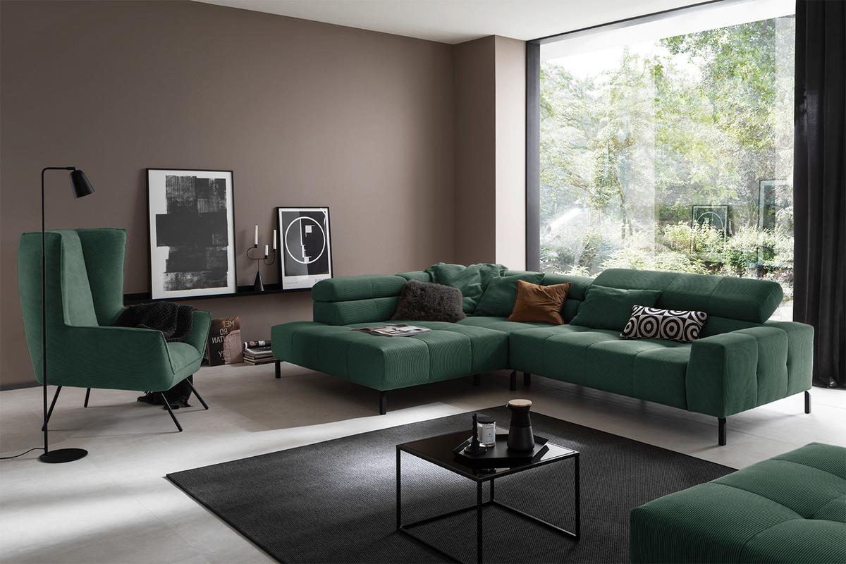 ECKSOFA OHIO Smaragdgrün Cord - Smaragdgrün/Schwarz, Textil/Metall (311/219cm) - KAWOLA