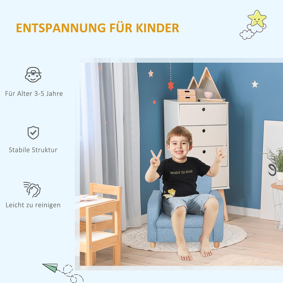 KINDERSOFA Kindersessel mit dickem Schaumstoff Sitzkissen Leinen Blau - Blau, Holz (45/44.5/49cm) - HOMCOM