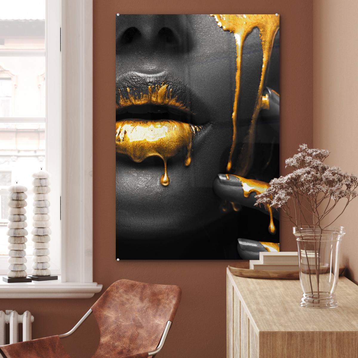 ACRYLGLASBILD Frau - Schwarz - Gold - Gesicht - Lippen 80x120 cm - Goldfarben, Glas (80/120cm) - MuchoWow