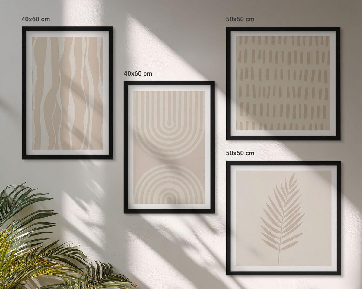 BILDER SET 4er Set - 50x50 cm & 40x60 cm Schwarzer Rahmen - Beige Pflanzenmuster - Schwarz, Kunststoff (50/50cm) - TULUP