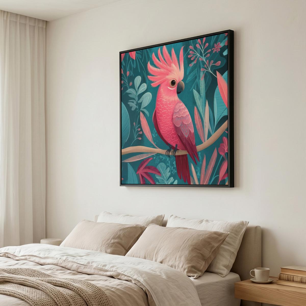 LEINWAND Bilder mit Rahmen - Kakadu - Tropische Blätter - Zweig - 90x90 - Petrol, Textil (90/90cm) - MuchoWow