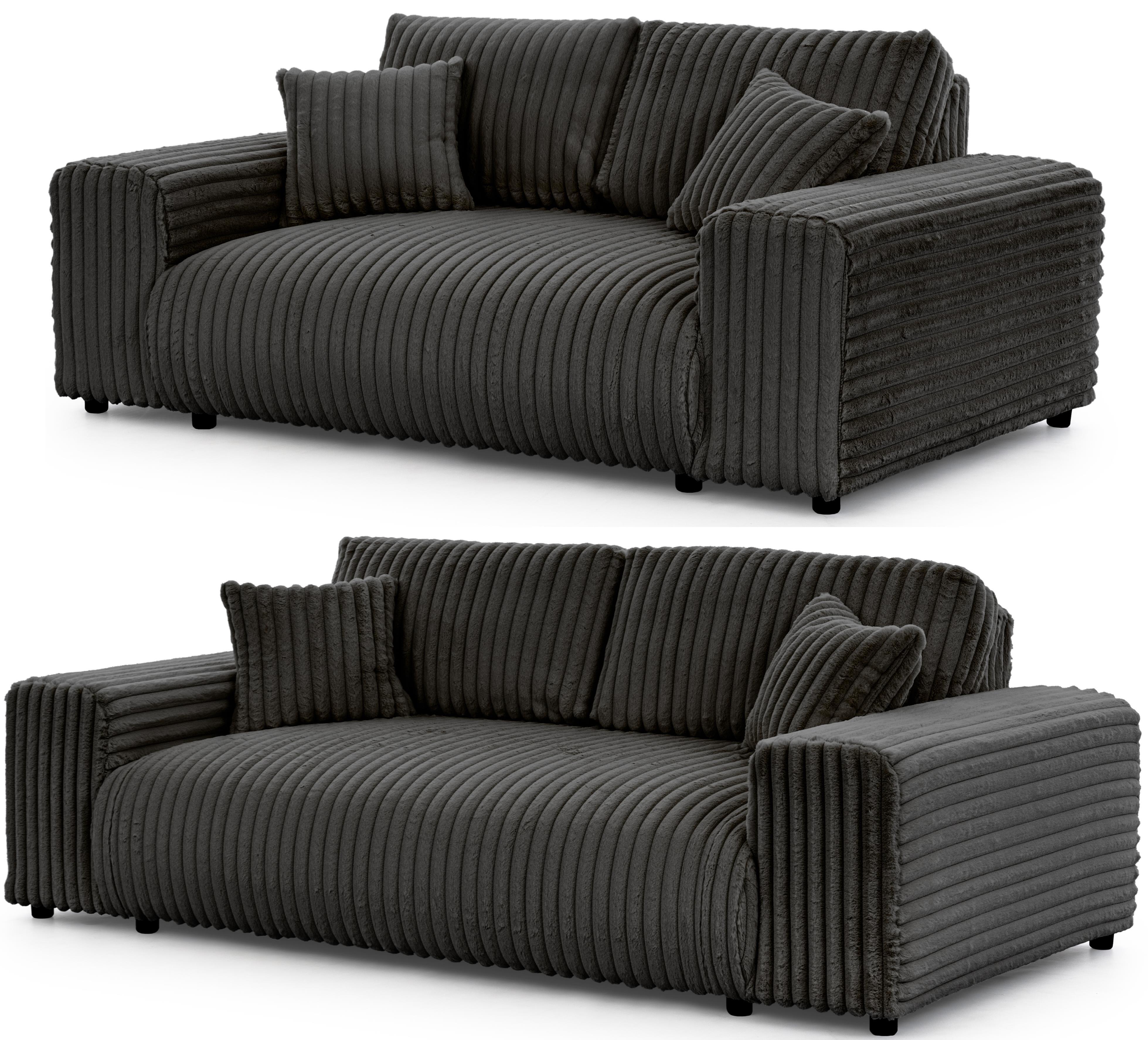 SITZGARNITUR 3+2 Mollis Dunkelgrau Plüschcord - Dunkelgrau/Schwarz, Holz/Kunststoff (213/79/108cm) - S-Style Möbel