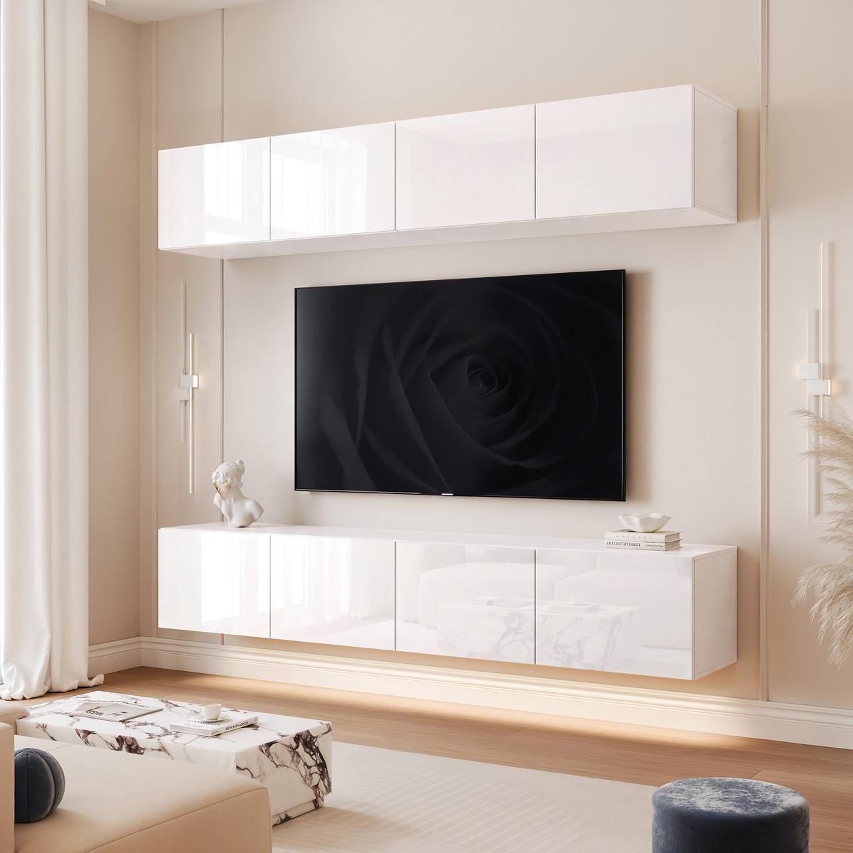 WOHNWAND ANGEL I Weiß glänzend hängend mit LED-Beleuchtung 200 cm - Weiß Hochglanz, Holzwerkstoff (200/36/40cm) - Idohome