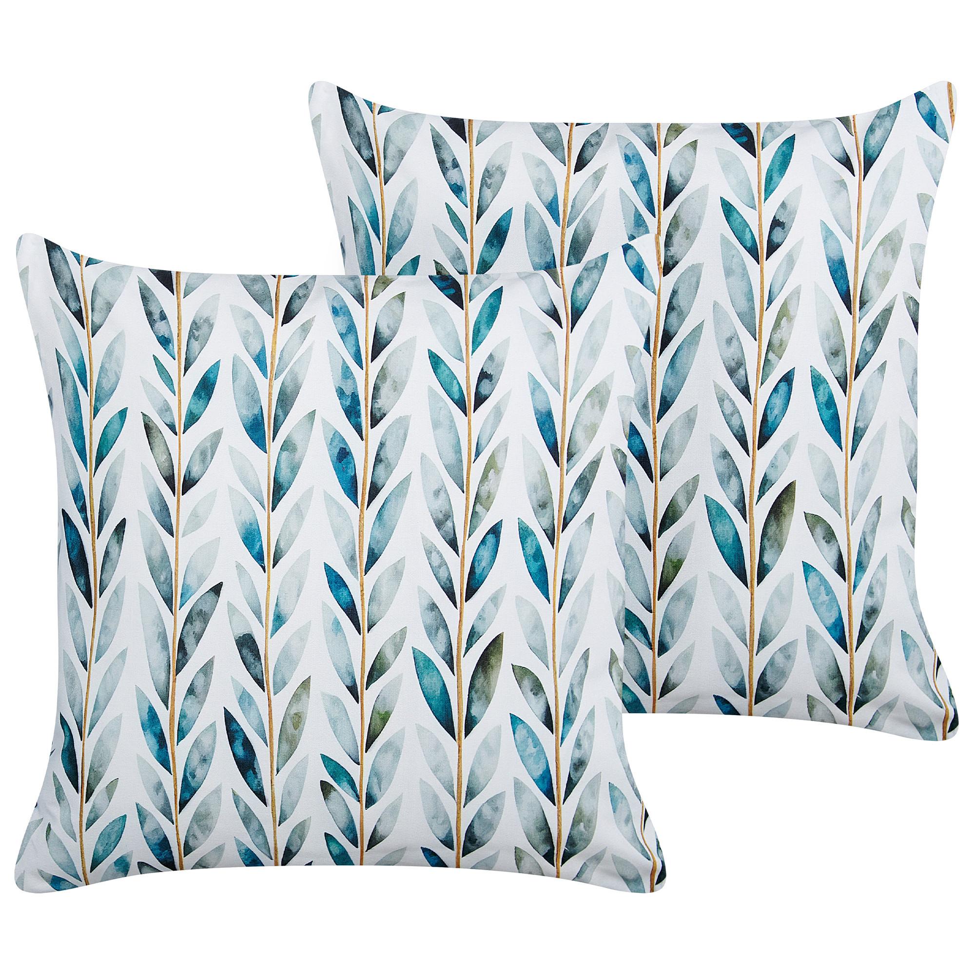 GARTENKISSEN 2er-Set Blattmotiv weiß/grün 45/45 cm Loano - Weiß, Textil (45/45cm) - Beliani