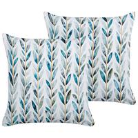 GARTENKISSEN 2er-Set Blattmotiv weiß/grün 45/45 cm Loano - Weiß, Textil (45/45cm) - Beliani