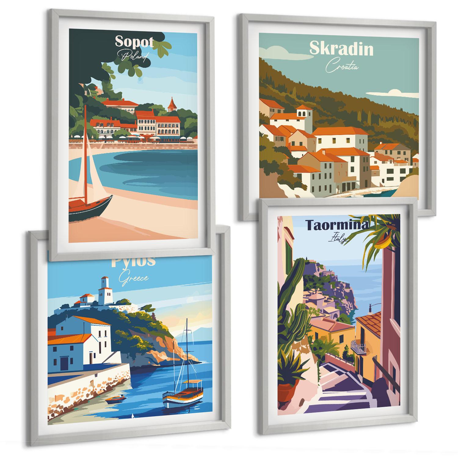 BILDER SET 4er Set - 50x50 cm & 40x60 cm Silberner Rahmen - Illustrationen von Küstenstädten - Silberfarben, Kunststoff (50/50cm) - TULUP