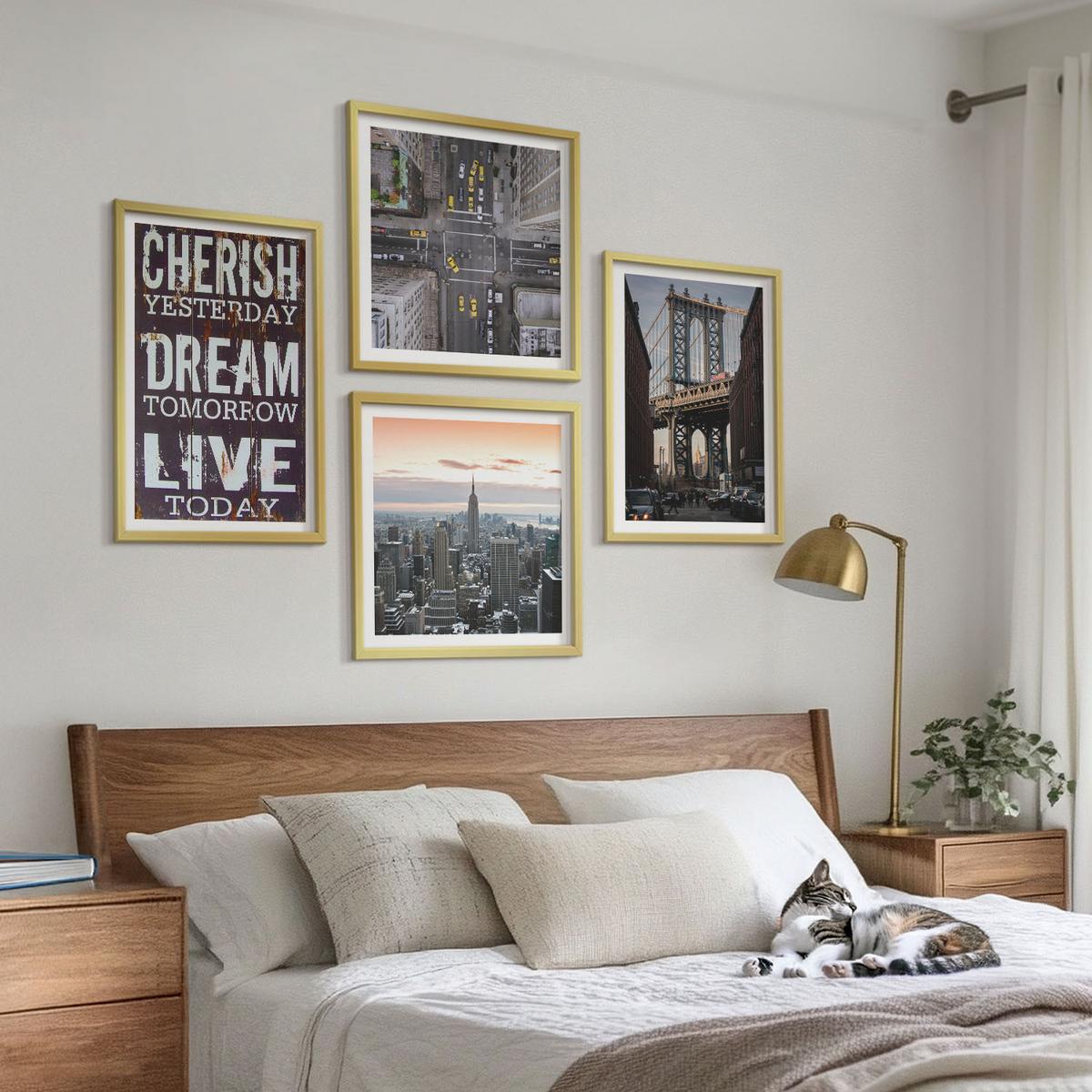 BILDER SET 4er Set - 50x50 cm & 40x60 cm Goldrahmen - Zitat über New Yorker Landschaften - Goldfarben, Kunststoff (50/50cm) - TULUP