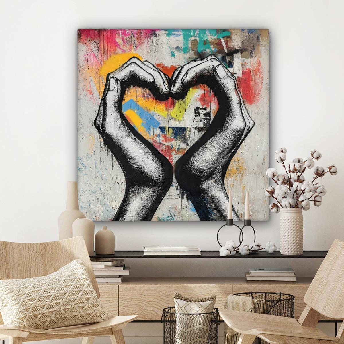 LEINWANDBILD Hände - Herz - Straßenkunst - Graffiti Deko Groß 90x90 cm - Multicolor, Textil (90/90cm) - MuchoWow